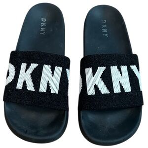 DKNY Black and White Slippers with Bold Branding